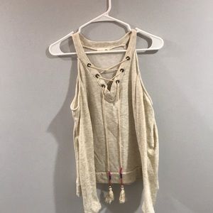 tan open shoulder sweater